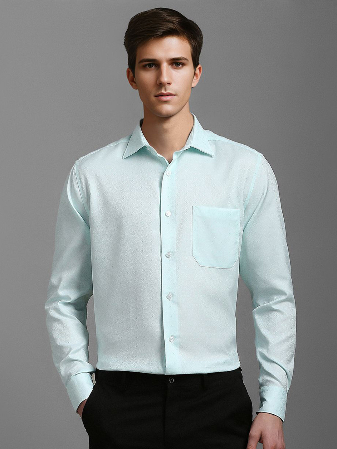 

Louis Philippe Men Classic Spread Collar Textured Cotton Formal Shirt, Turquoise blue