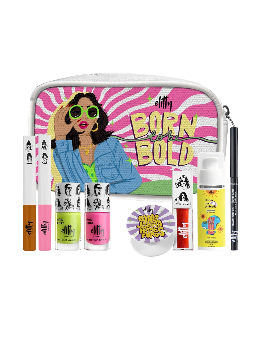 

Elitty Set Of 7 Born To Be Bold Nail Coat, Eyeliner, Kohl Kajal, Lip Gloss & Sunscreen, Multi