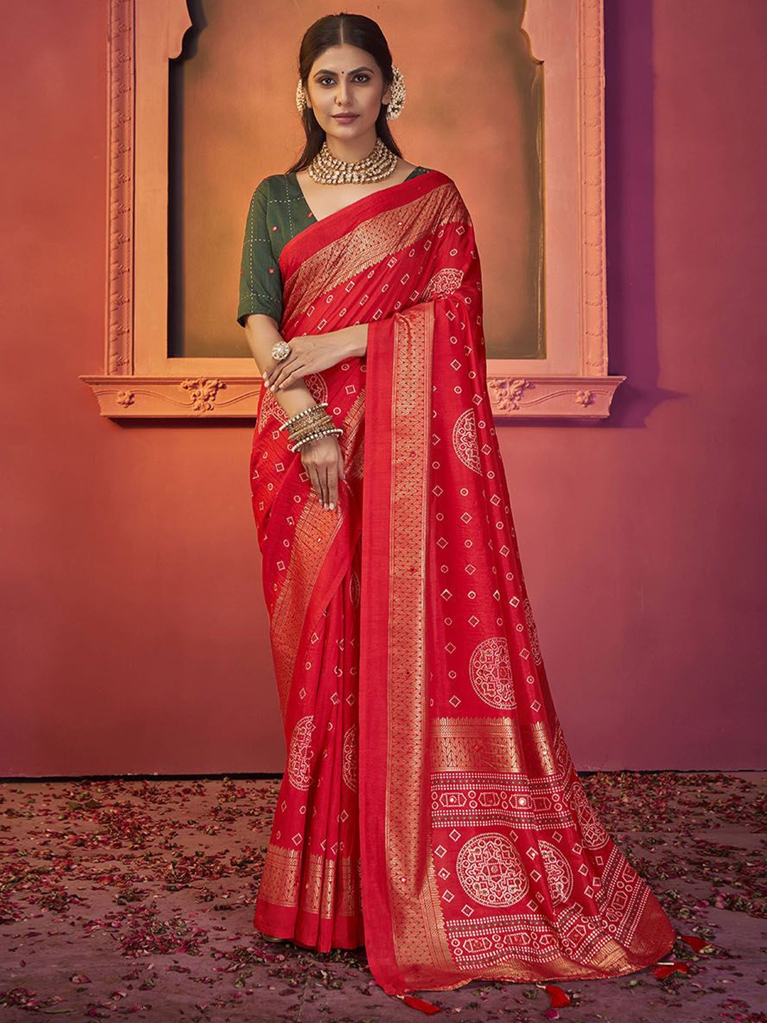 

Meena Bazaar Woven Design Printed Zari Art Silk Saree, Red