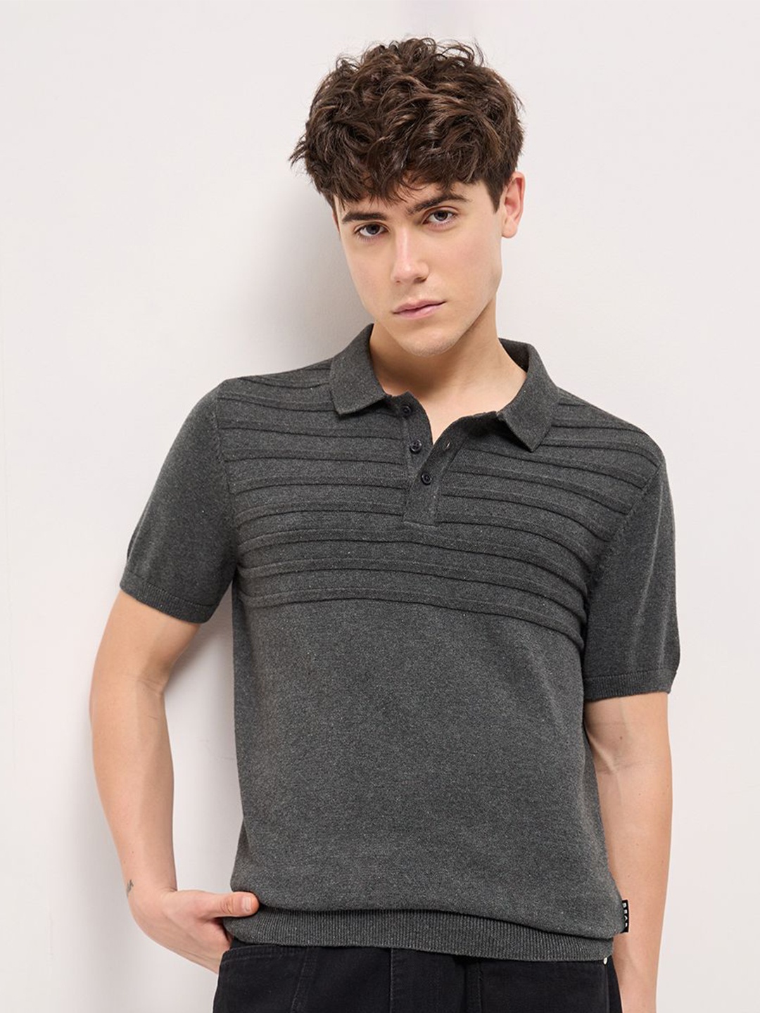 

THE BEAR HOUSE Men Self Design Polo Collar Cotton T-shirt, Grey