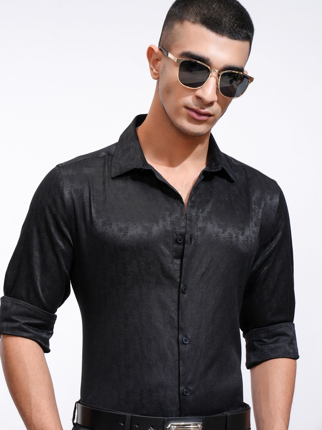 

Highlander Men Jacquard Textured Solid Occasion Slim Fit Shirt, Black