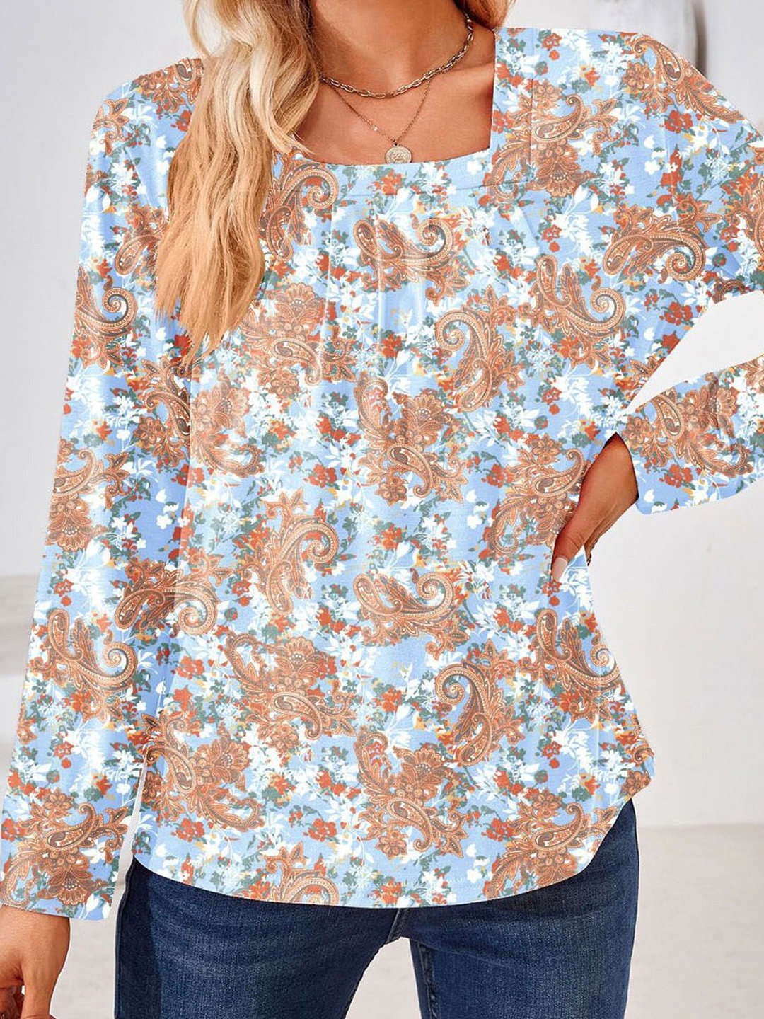 

StyleCast Ethnic Motifs Printed Square Neck Top, Blue