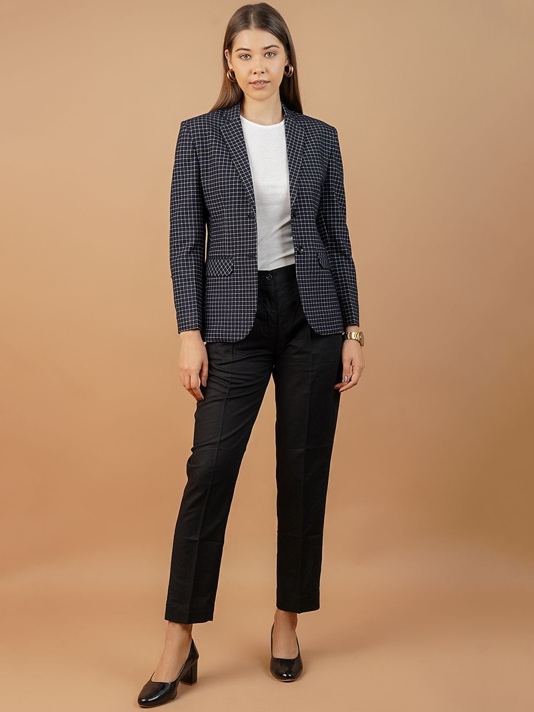 

INDOPHILIA Checked Notched Lapel Collar Single Breasted Pure Cotton Blazers, Black