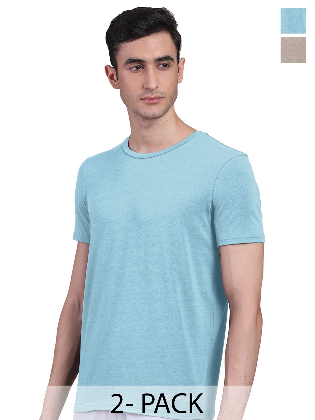 

FREECULTR Men Pack Of 2 Solid Round Neck T-shirts, Sea green