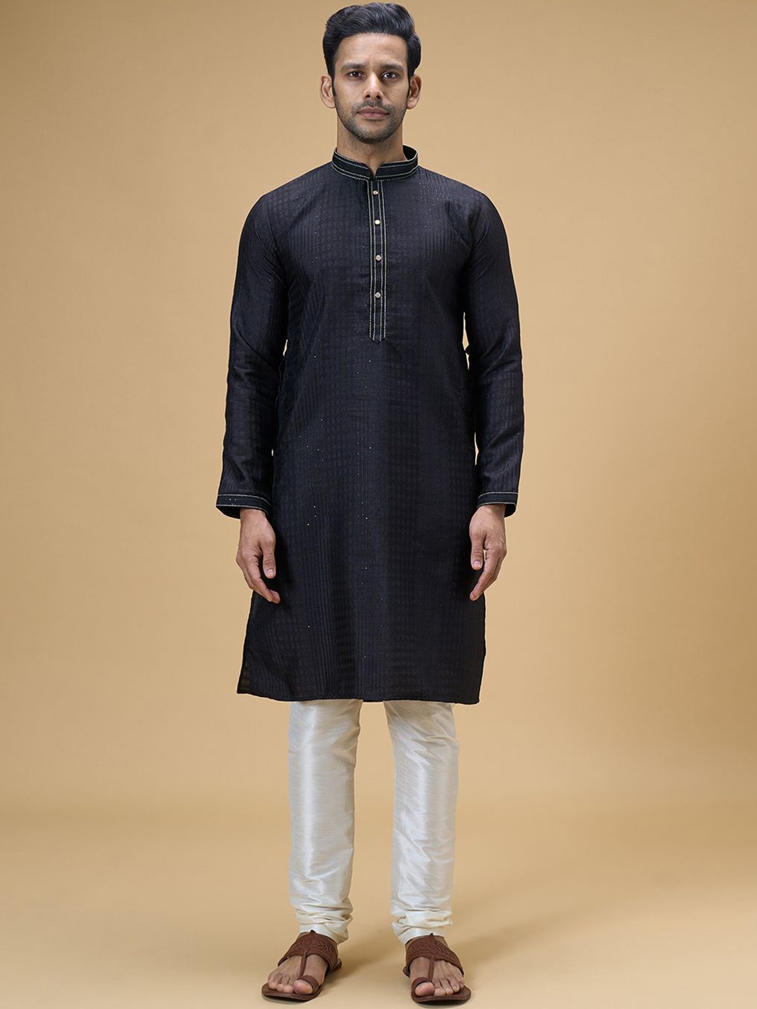 

Arihant Rai Sinha Woven Design Sequinned Straight Kurta with Churidar, Black