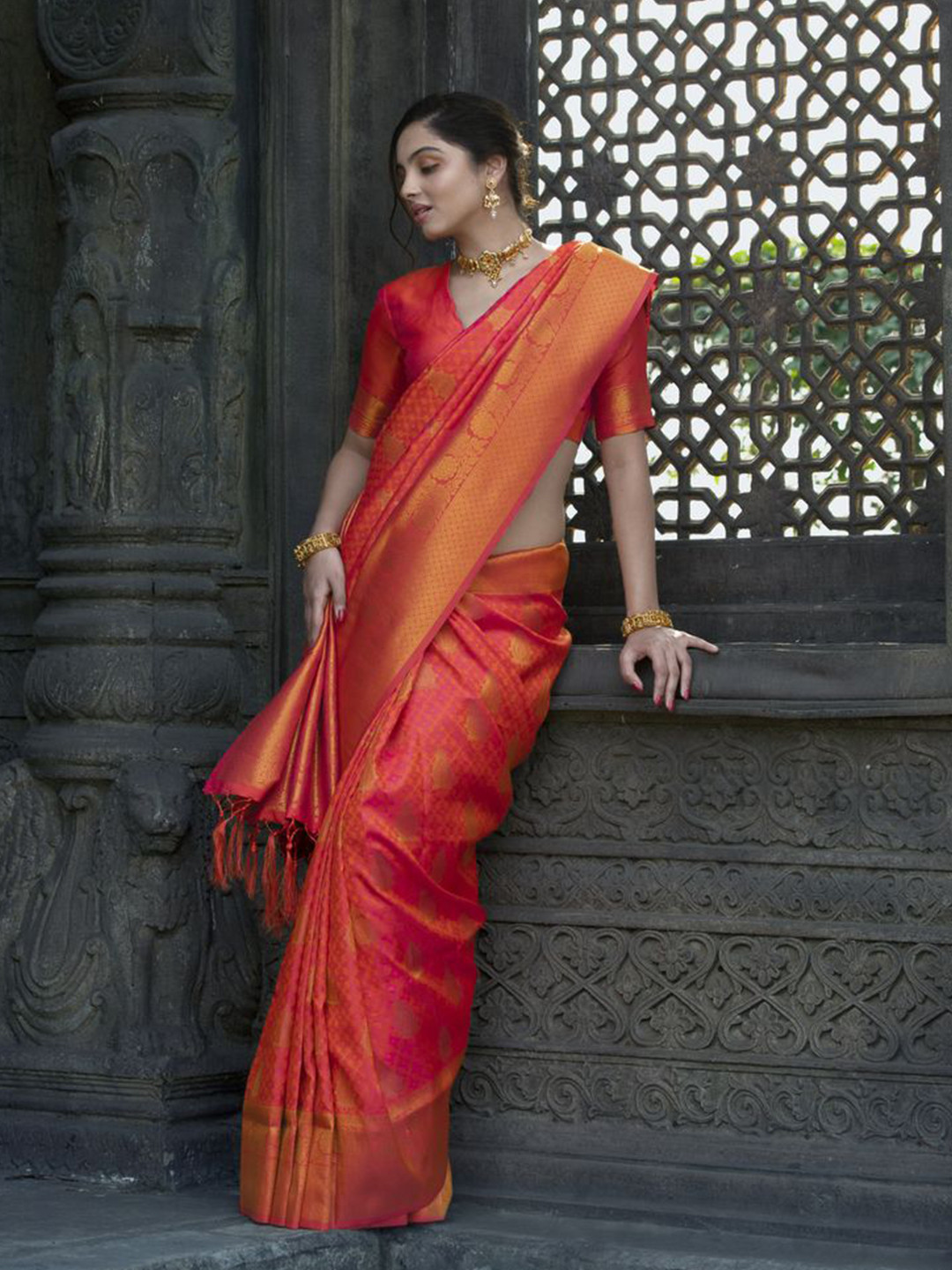 

ISHKIYA Woven Design Zari Pure Silk Banarasi Saree, Orange