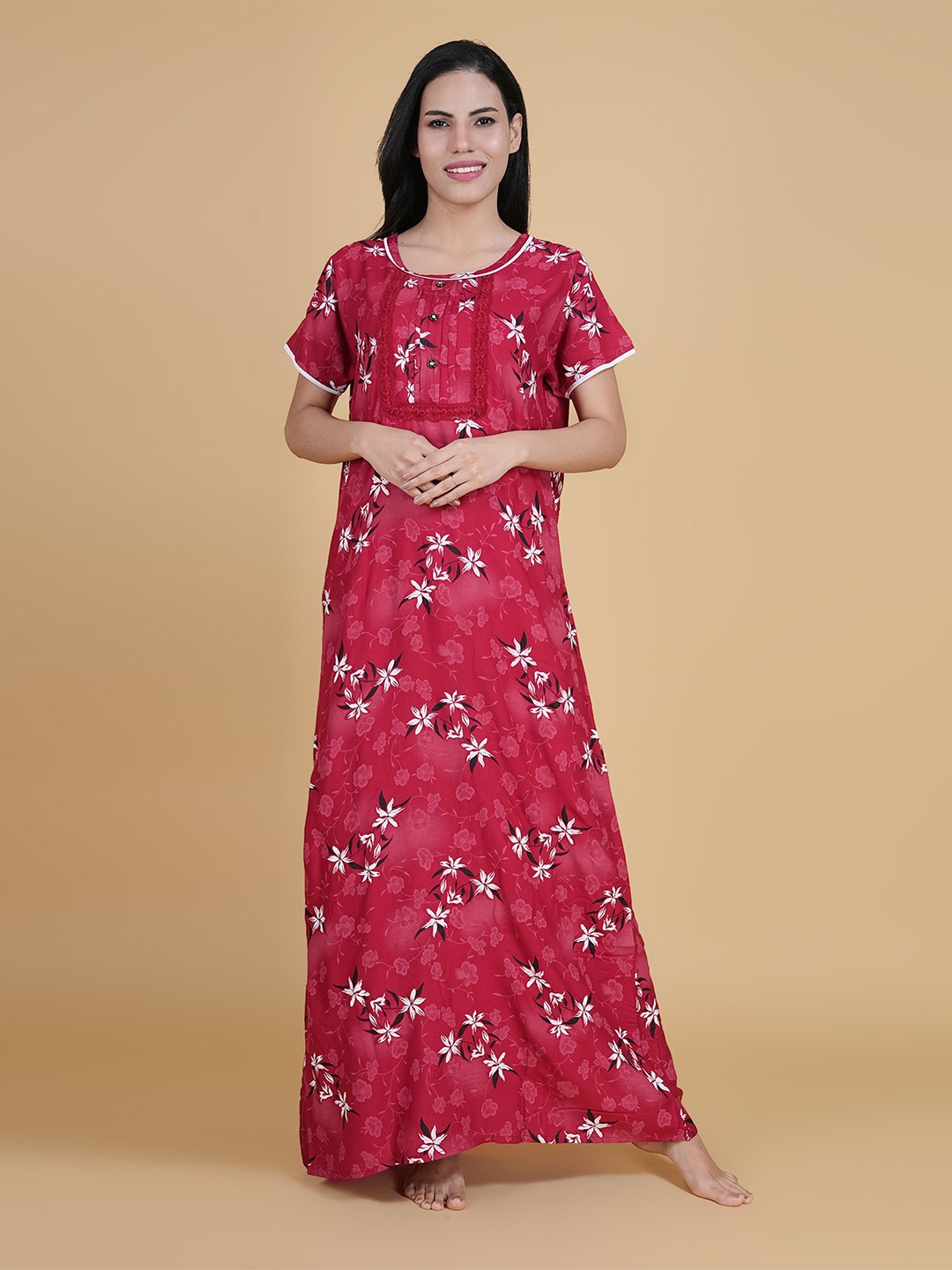 

Noty Women Printed Maxi Nightdress, Red