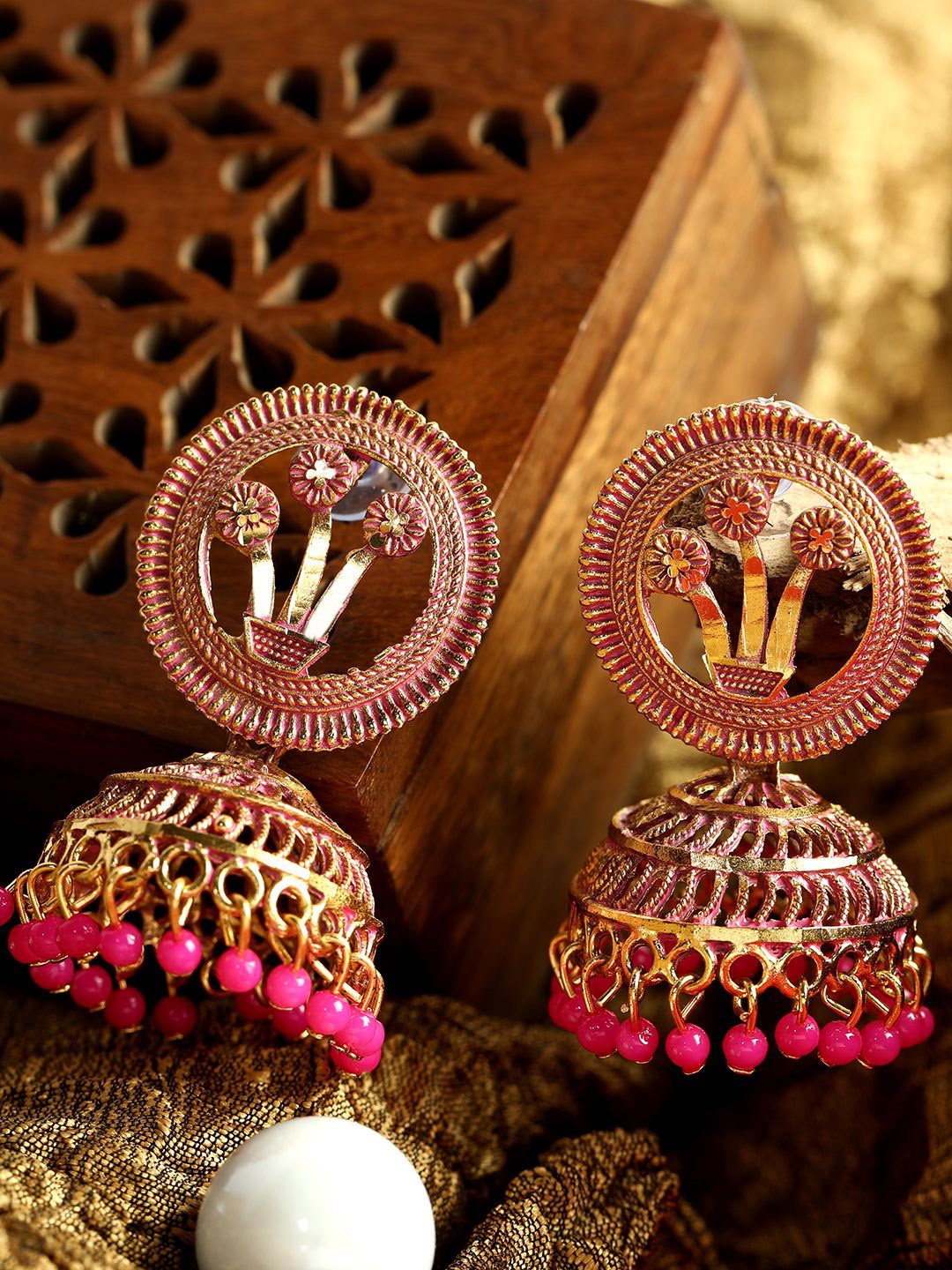 

Anouk Pink Gold Plated Beaded Studded Dome Shaped Jhumkas