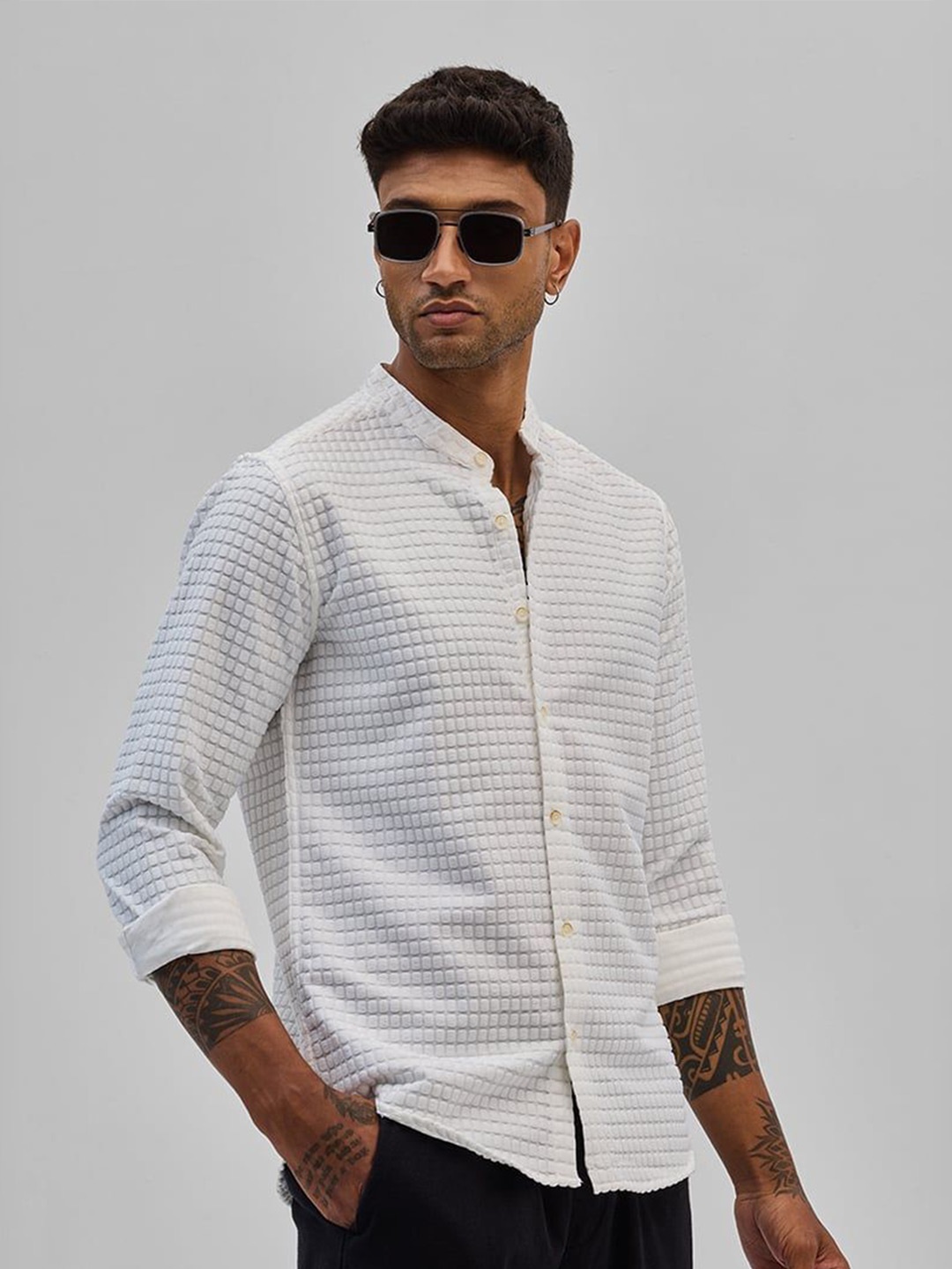 

Snitch Men Smart Band Collar Textured Casual Shirt, White