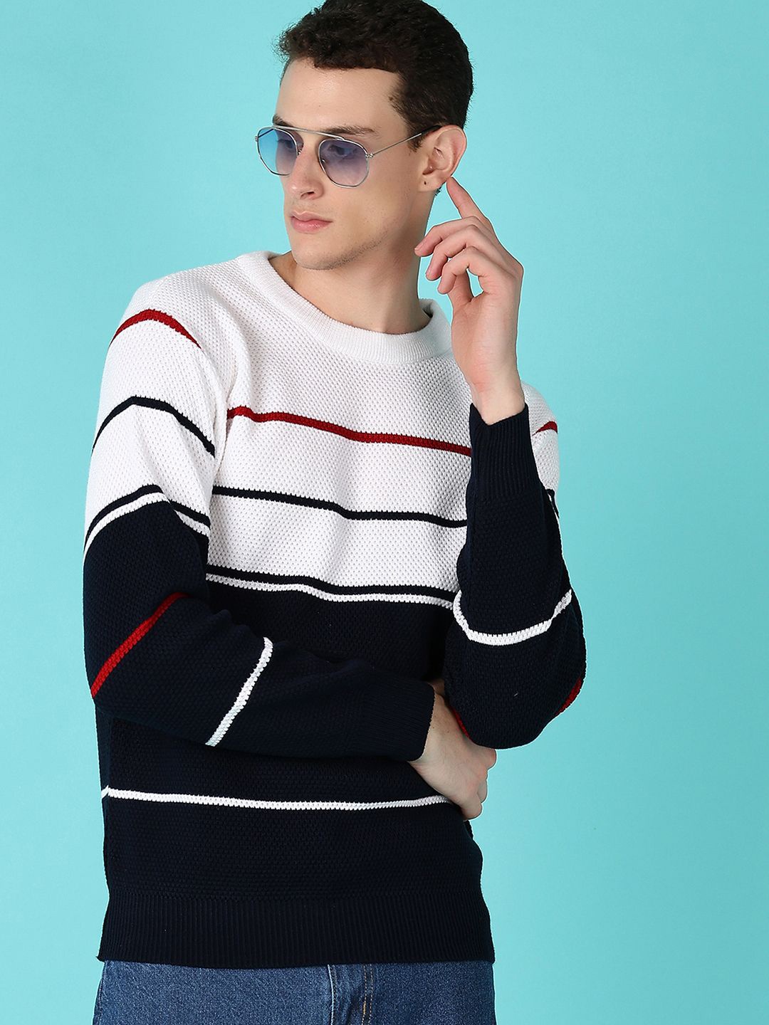 

V-Mart Men Round Neck Long Sleeves Striped Pullover, Navy blue