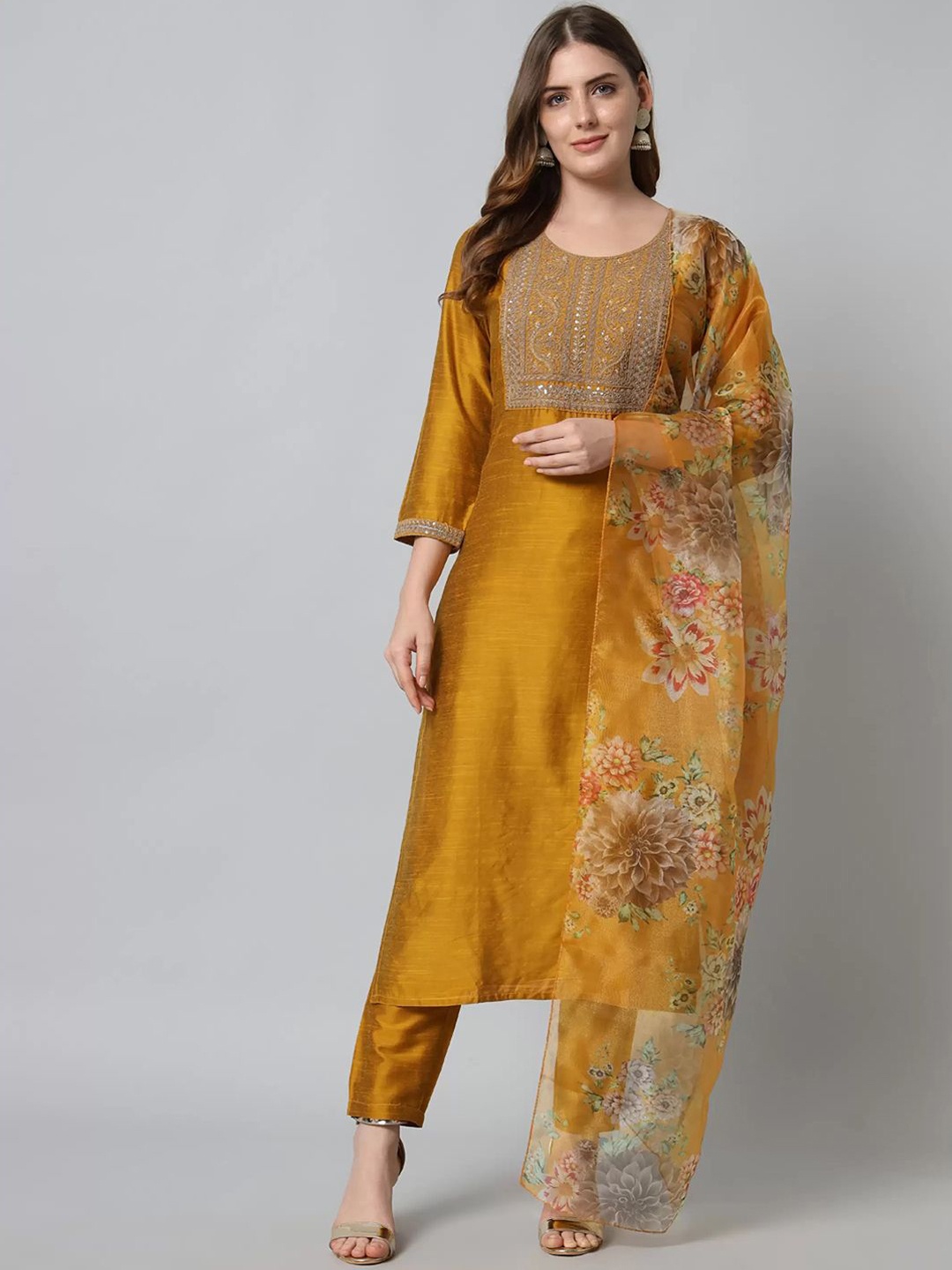 

DIVASTRI Ethnic Motifs Embroidered Sequinned Kurta with Trouser & Dupatta, Yellow