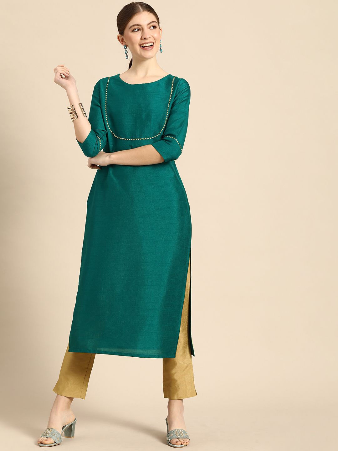 

KALINI Women Silk Blend Solid Kurta With Trousers, Green
