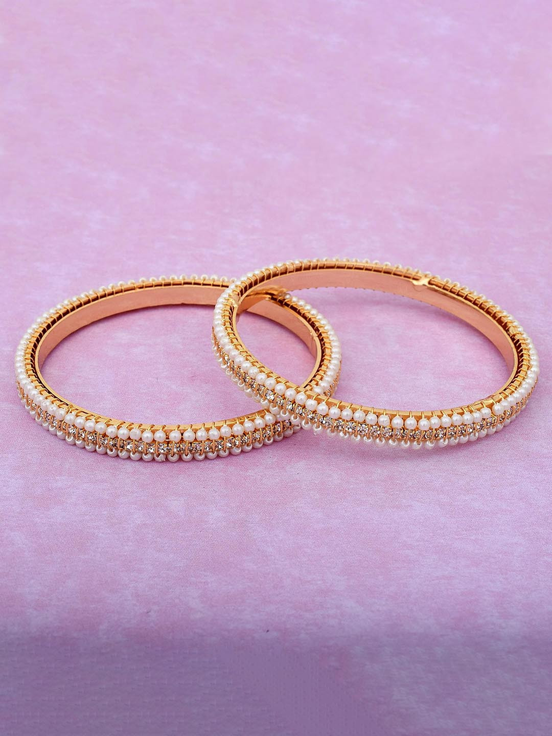 

MEMOIR Set Of 2 Gold Plated Pearls Beaded & Diamond Look Bangles