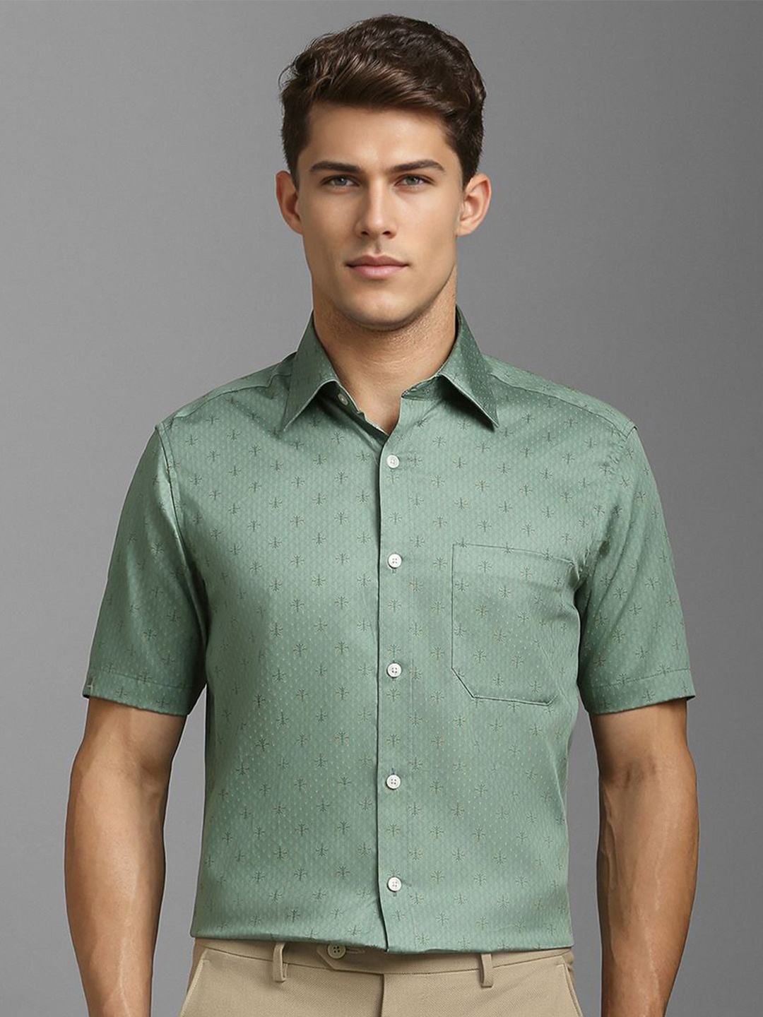 

Louis Philippe Men Classic Spread Collar Textured Cotton Formal Shirt, Green
