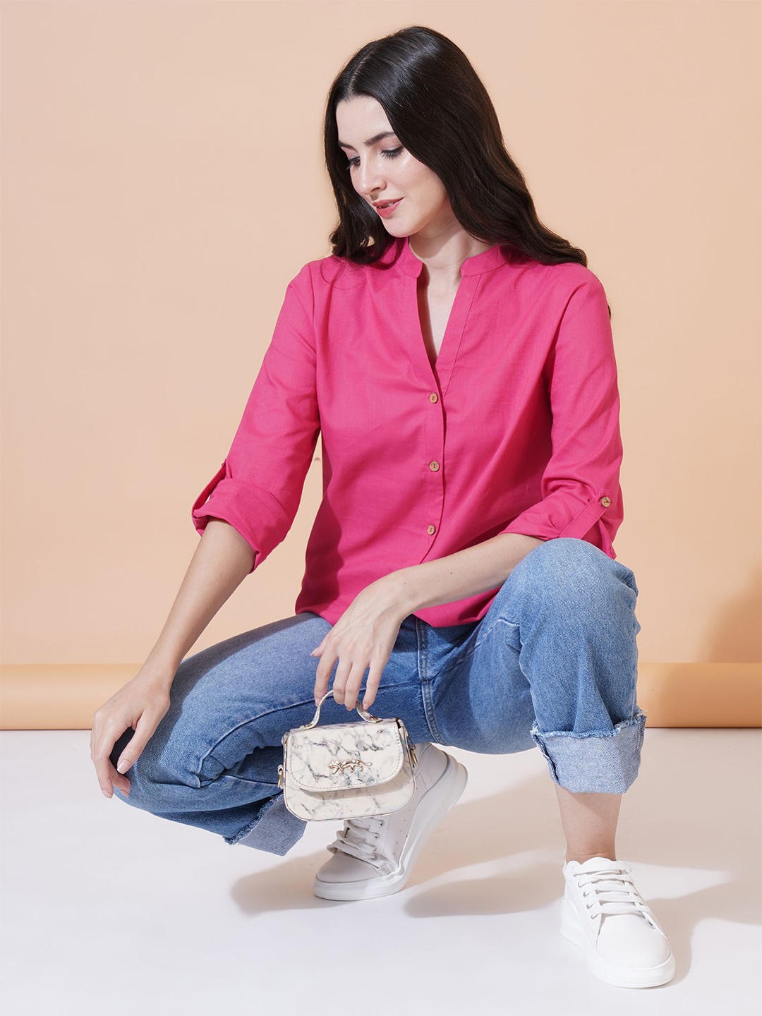 

Mast & Harbour Women Relaxed Mandarin Collar Solid Cotton Oversized Casual Shirt, Pink