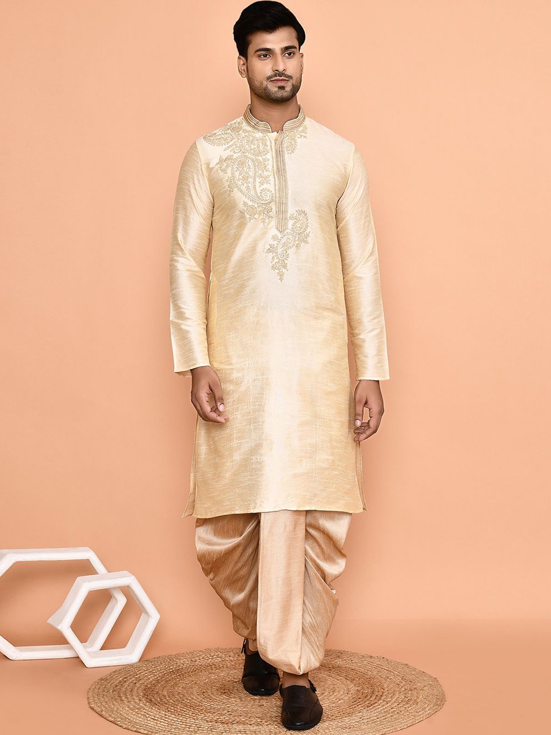 

Arihant Rai Sinha Paisley Embroidered Mandarin Collar Straight Kurta With Dhoti, Beige