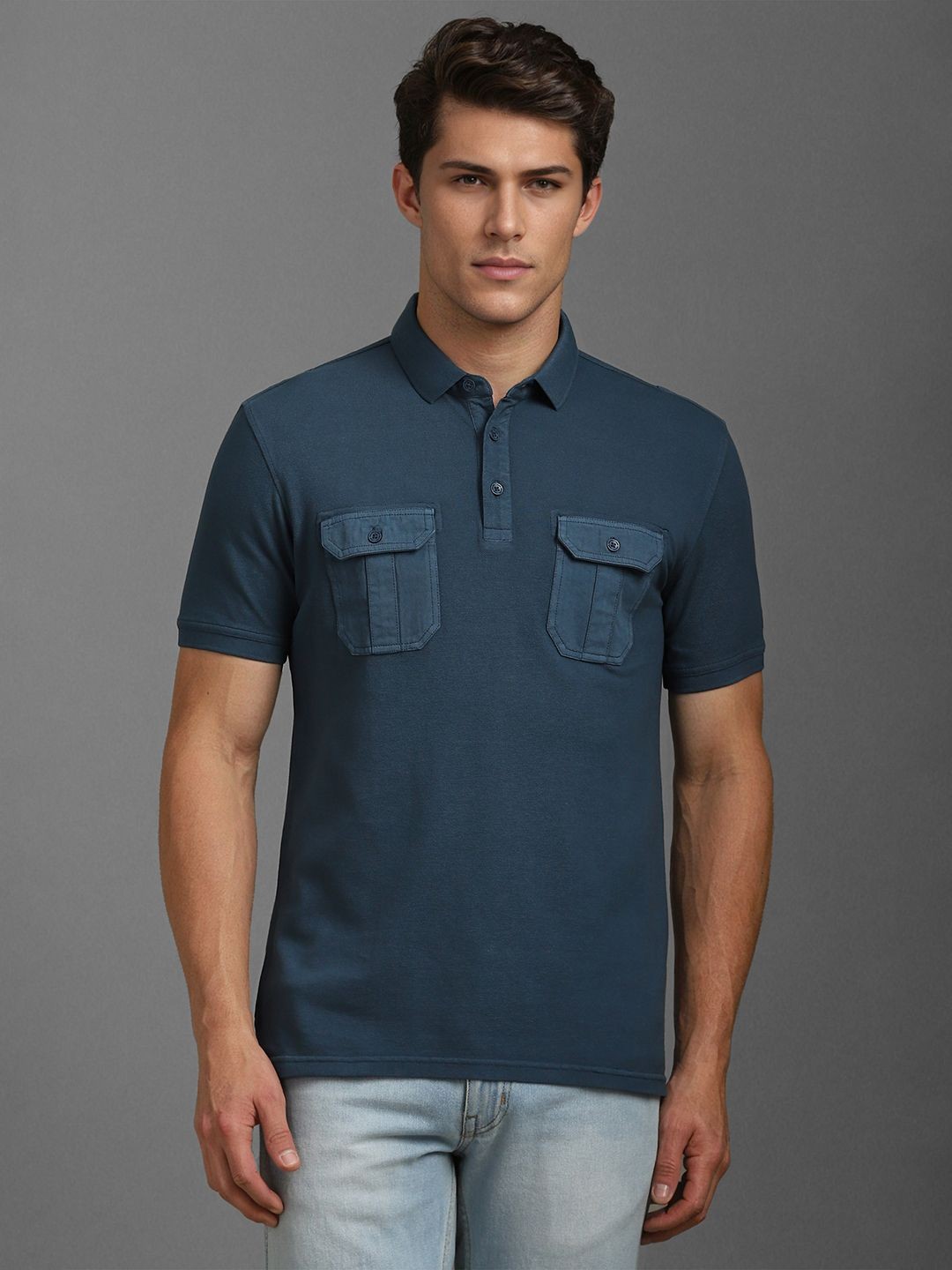 

Louis Philippe Jeans Men Solid Pocket Detailing Polo Collar Cotton T-shirt, Blue