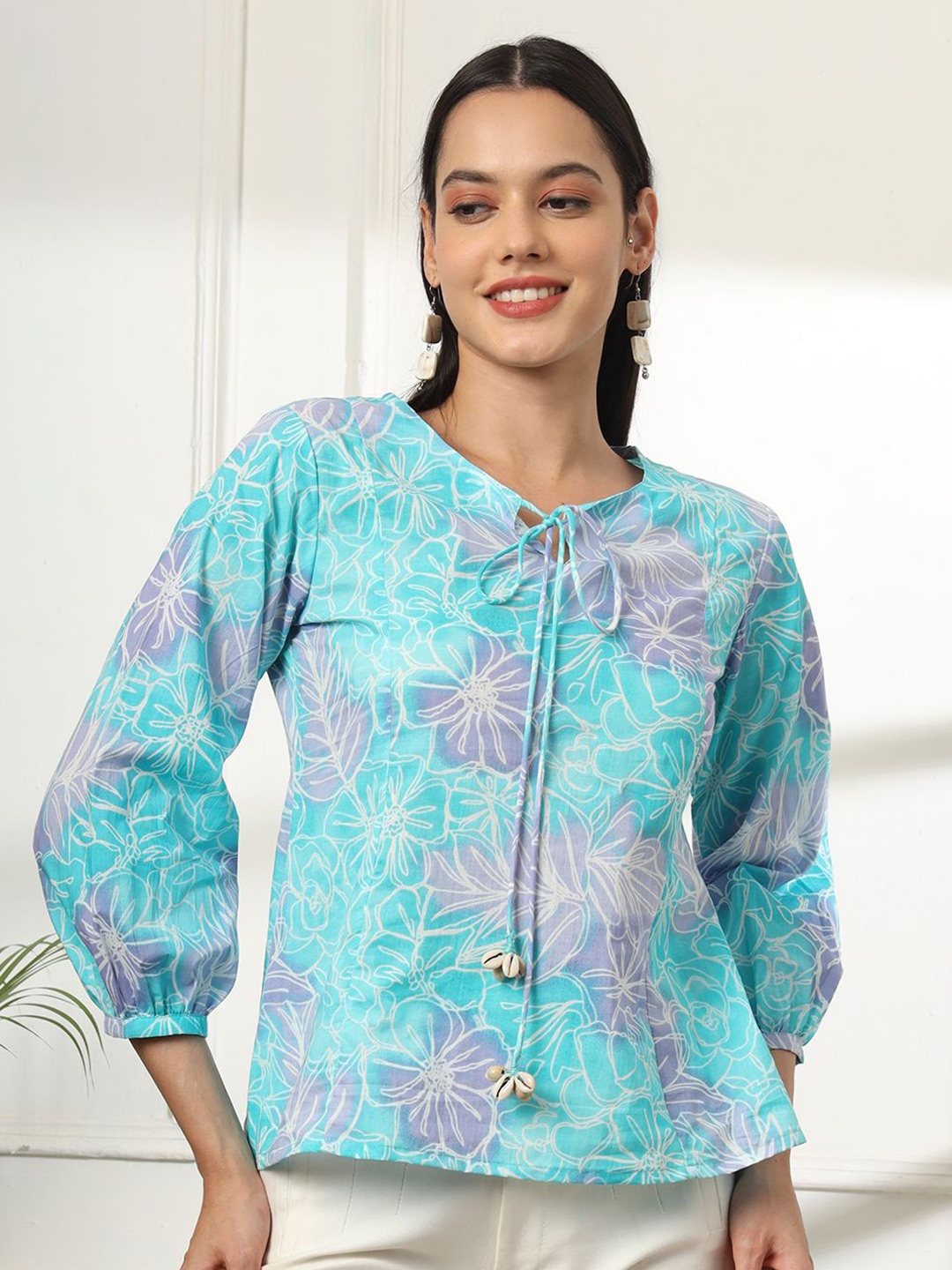 

Yufta Women Floral Printed Round Neck Cotton Peplum Top, Blue