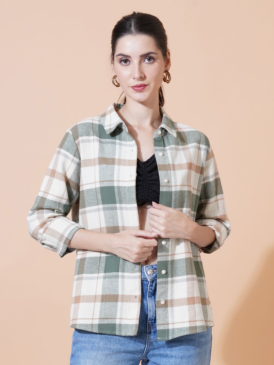 

Mast & Harbour Women Relaxed Spread Collar Checked Cotton Oversized Casual Shirt, Green