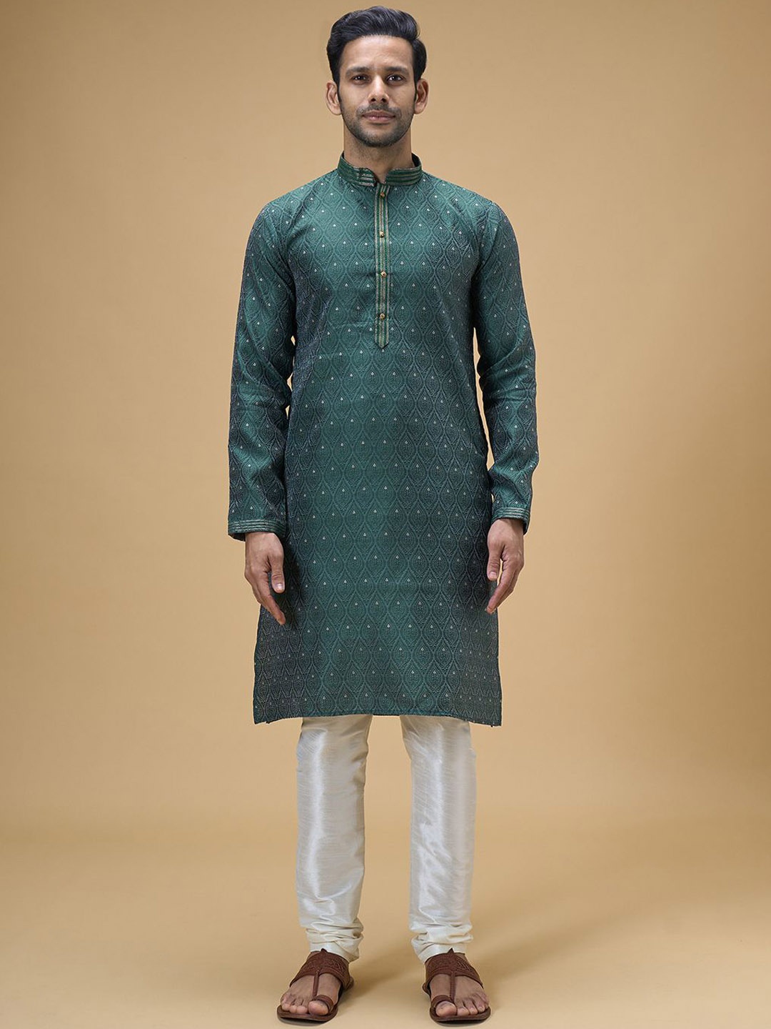 

Arihant Rai Sinha Mandarin Collar Ethnic Motifs Woven Design Straight Kurta with Churidar, Green