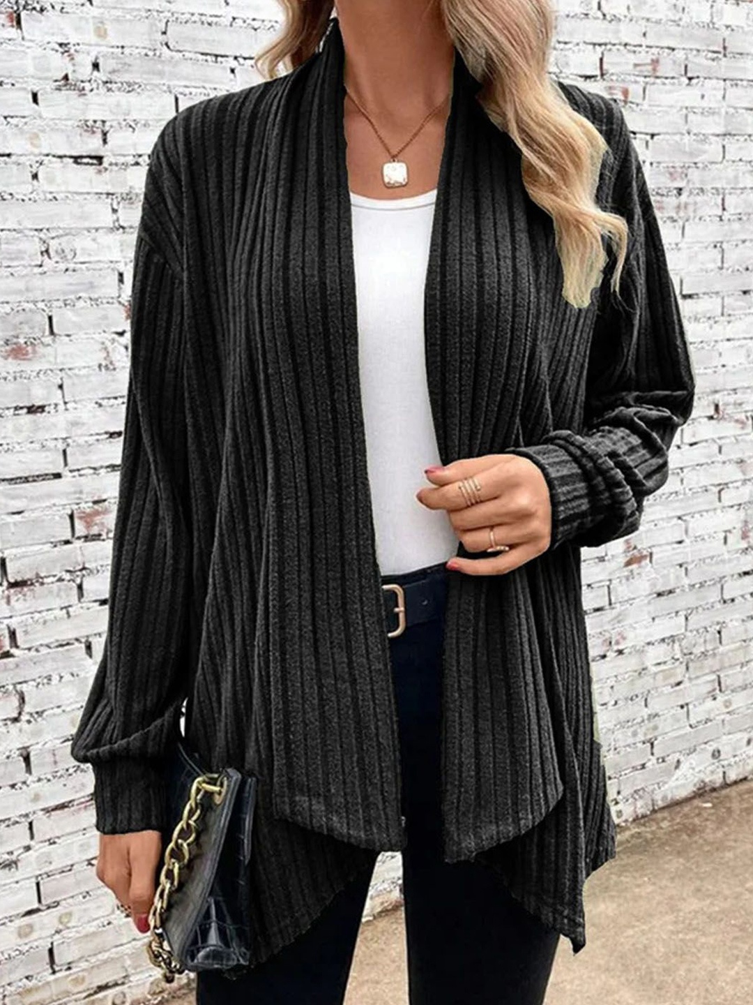 

StyleCast Black Striped Long Sleeves Open Front Shrug