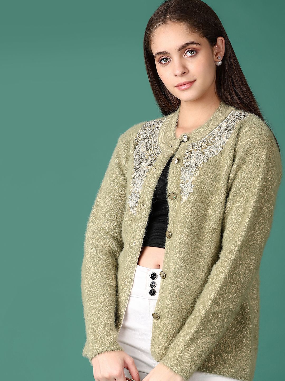 

V-Mart Women Embroidered Cardigan with Embroidered Detail, Olive