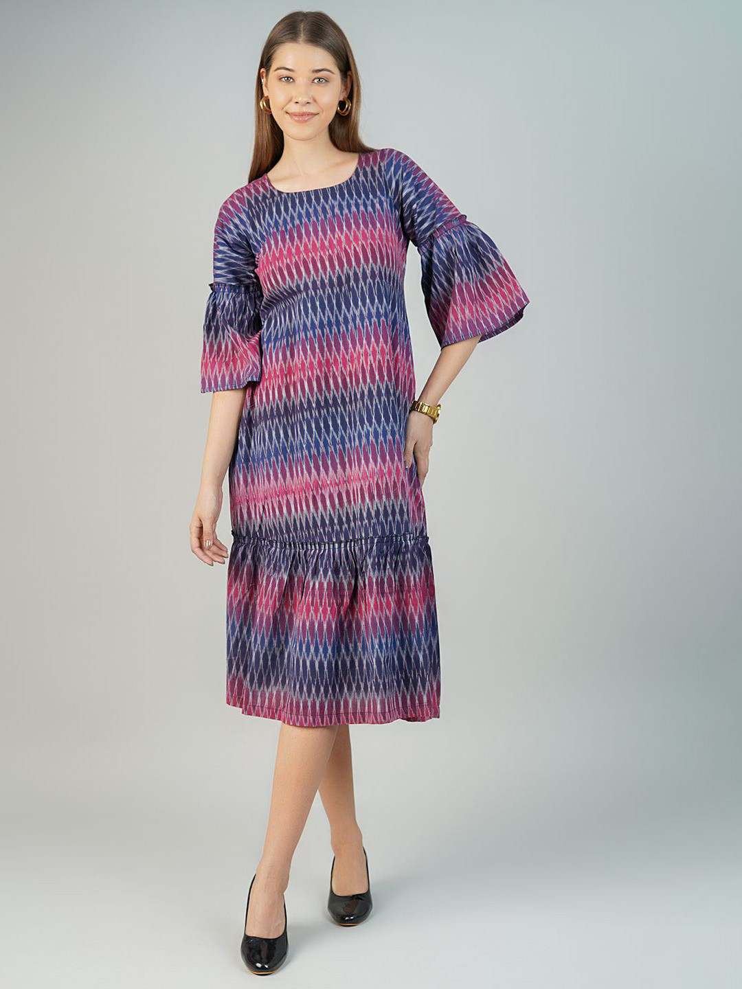 

INDOPHILIA Women Cotton Printed A-line Midi Dress, Blue