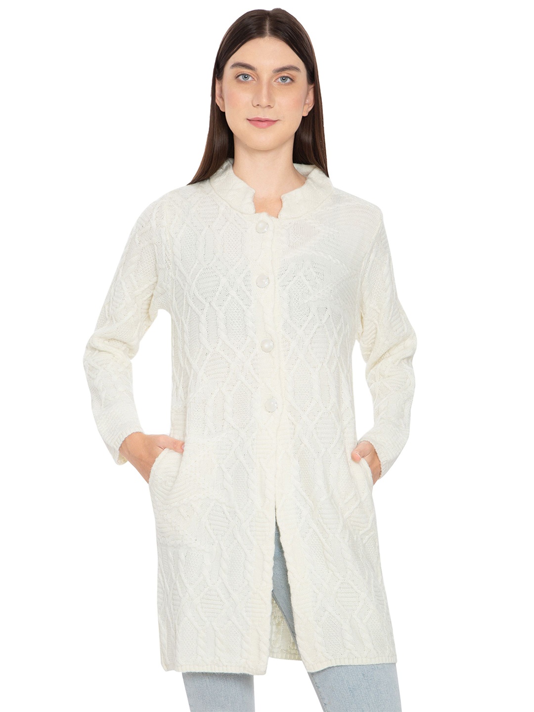 

HAUTEMODA Women Geometric Design Woollen Longline Cardigan, White