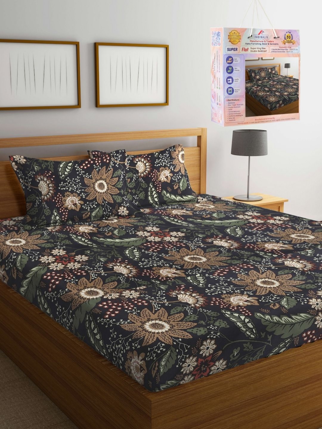 

FABINALIV Black & Brown Floral 300 TC King Bedsheet with 2 Pillow Covers 2.70 m x 2.70 m