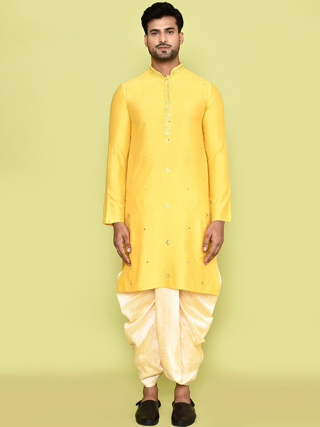 

Arihant Rai Sinha Geometric Embroidered Mirror Work Straight Kurta with Dhoti Pants, Yellow