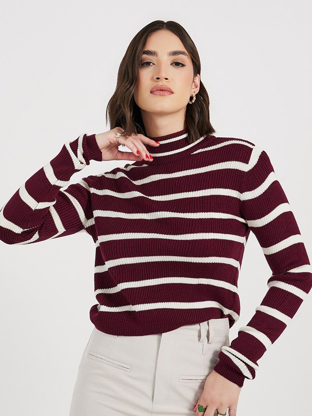 

Styli Women Regular Length Slim Fit Striper High Neck Sweater, Maroon
