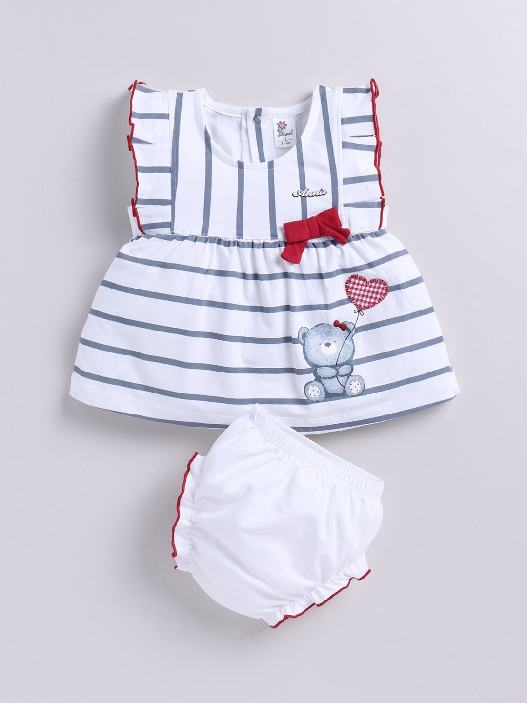 

Annie Infants Girls Striped Round Neck Pure Cotton Top with Shorts, Grey