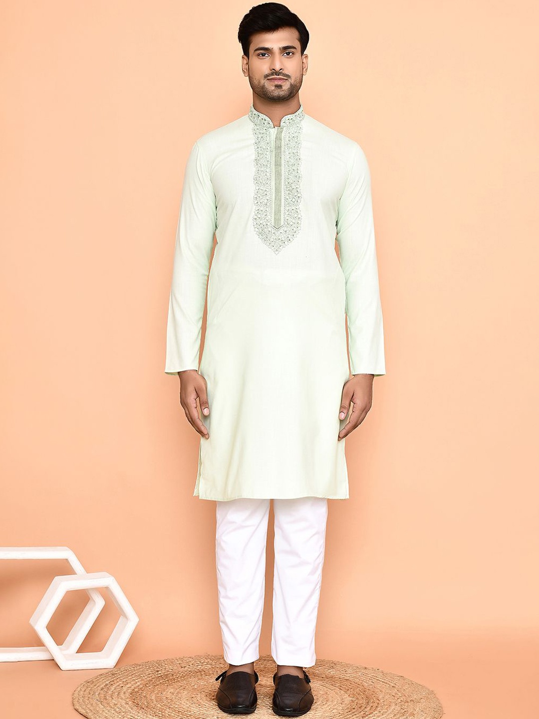 

Arihant Rai Sinha Mandarin Collar Floral Embroidered Mirror Work Kurta with Trousers, Green