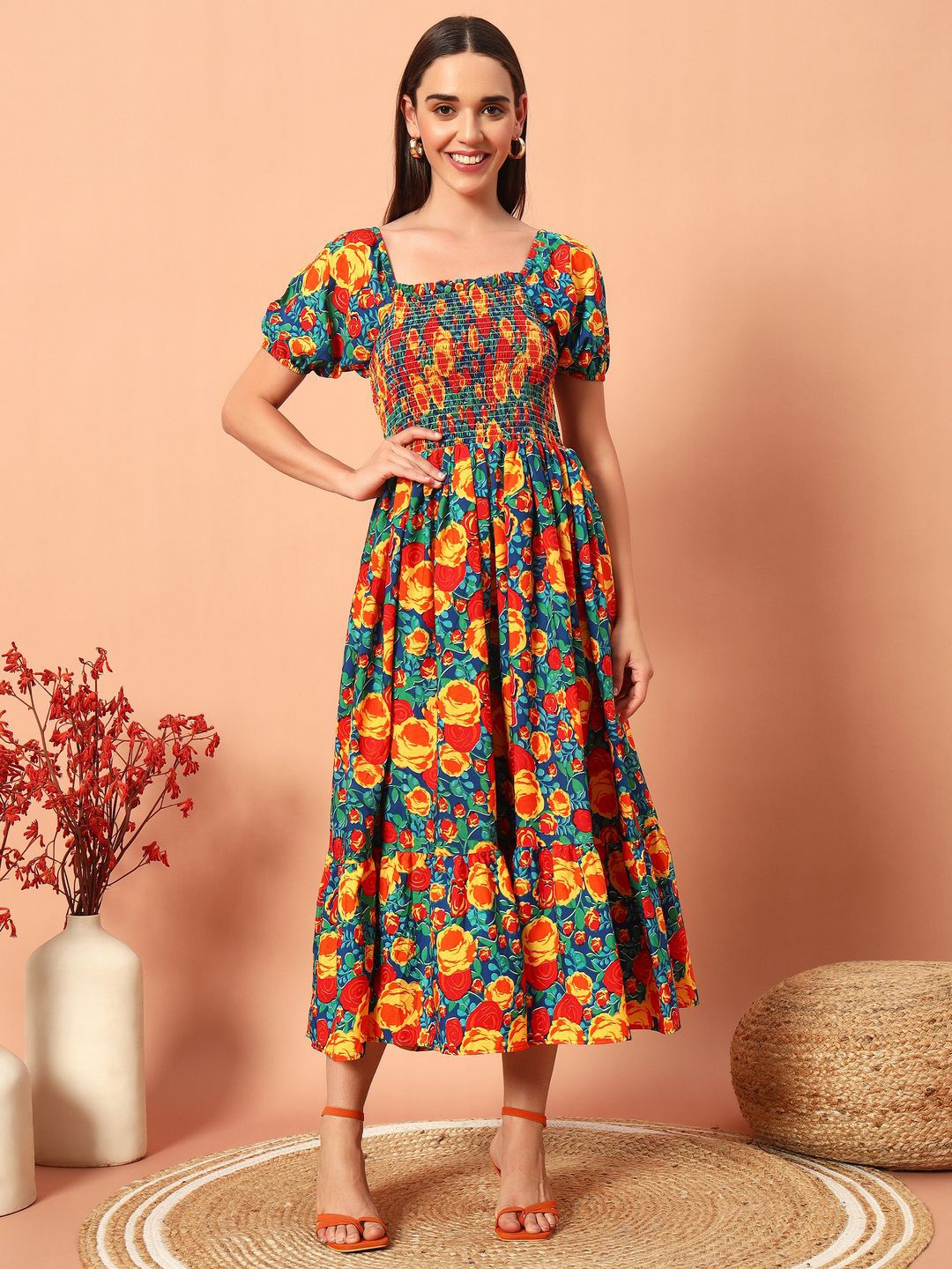 

ZWERLON Women Floral Printed Puff Sleeve A-Line Midi Dress, Blue