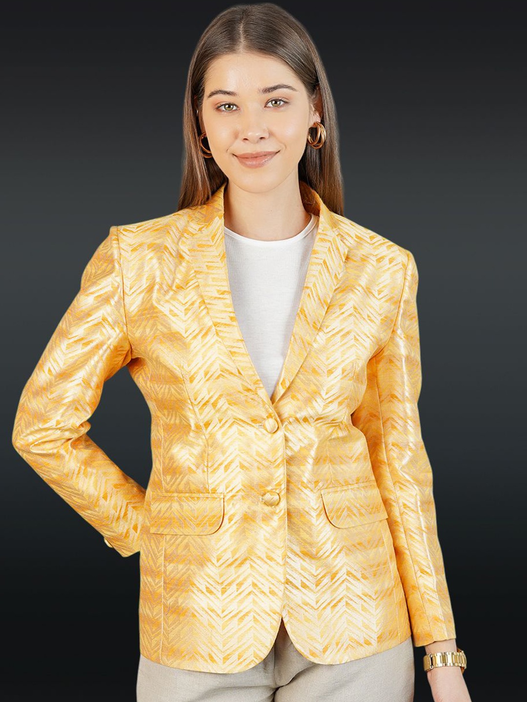 

INDOPHILIA Printed Notched Lapel Collar Single Breasted Blazer, Yellow