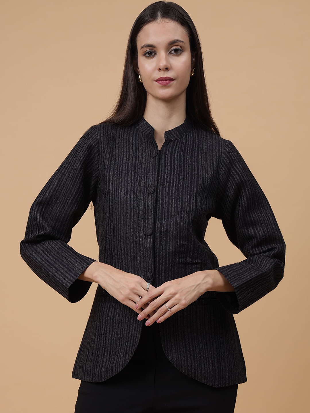

Zamour Women Mandarin Collar Striped Printed Casual Tailored Jacket, Black