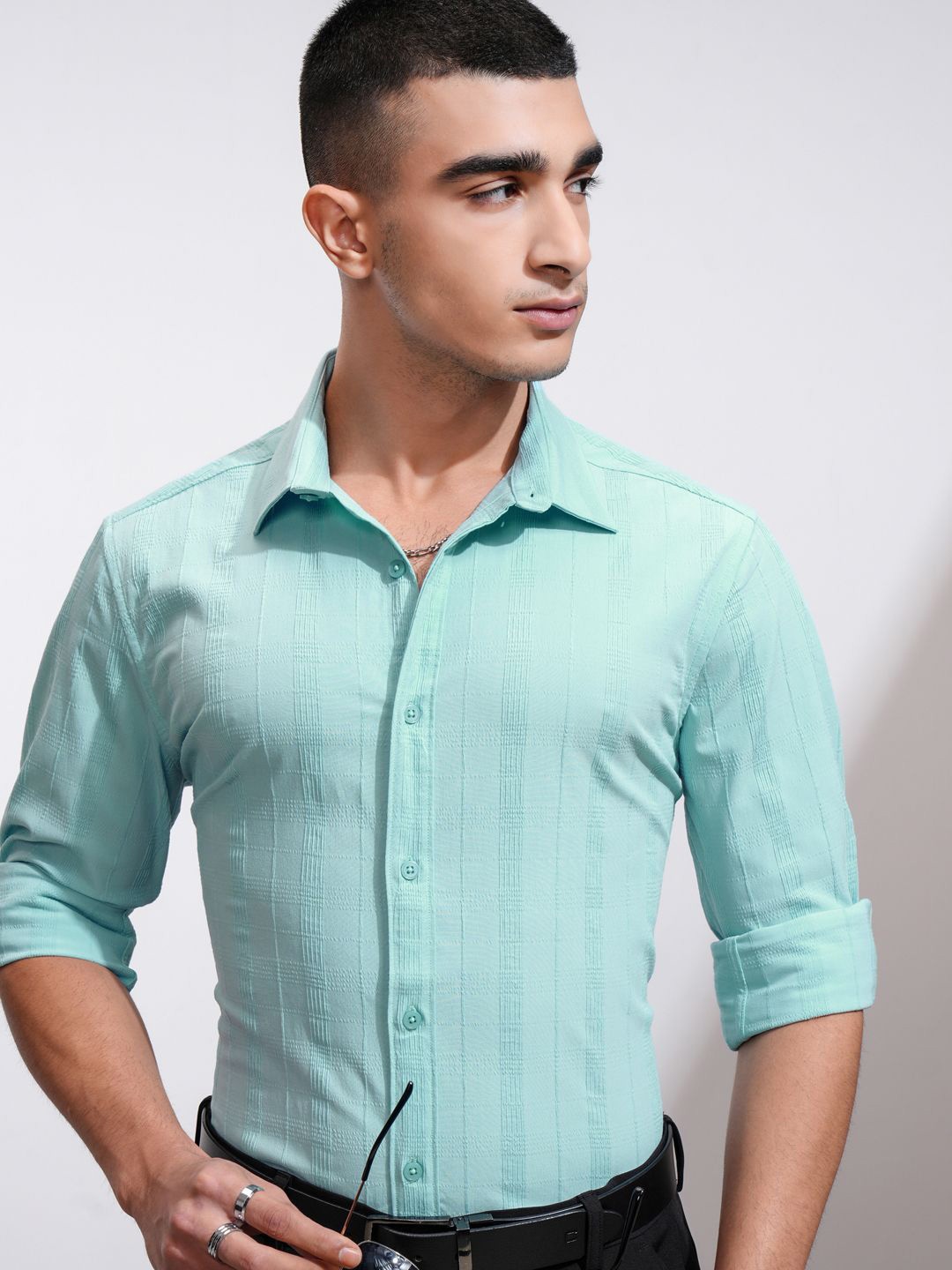 

Highlander Men Dobby Textured Solid Day Occasion Slim Fit Shirt, Blue