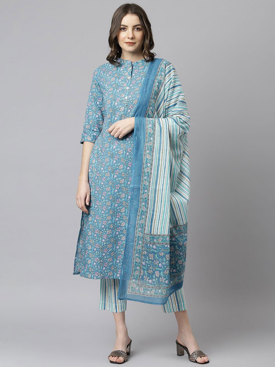 

KALINI Floral Printed Pure Cotton Straight Kurta with Trouser & Dupatta, Teal