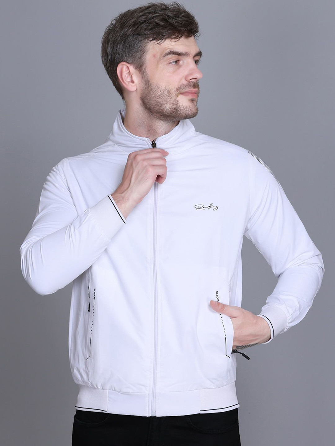 

Roadking Men Mock Collar Solid Casual Bomber Jacket, White