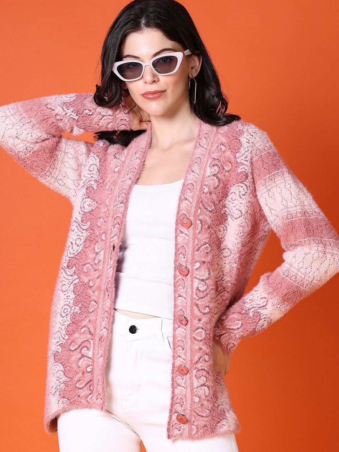 

V-Mart Women Cotton Self Design Cardigan, Pink