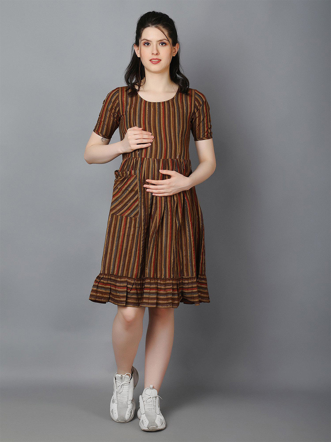 

Zuvino Women Striped Printed Maternity Fit & Flare Dress, Brown
