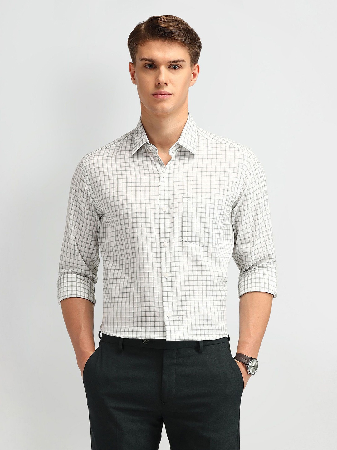 

Arrow Men Cutaway Collar Gingham Checked Cotton Slim Fit Formal Shirt, White