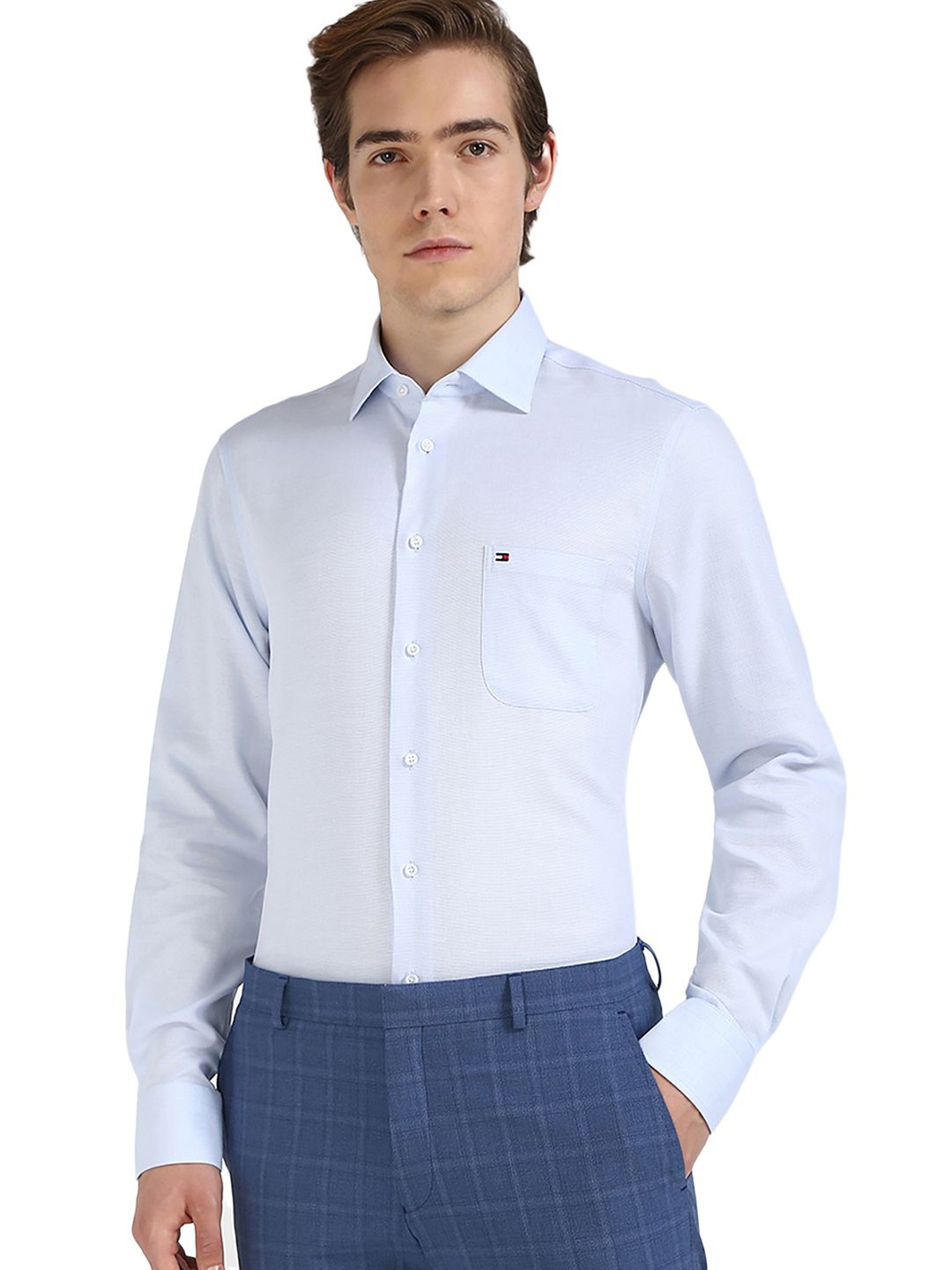 

Tommy Hilfiger Men Spread Collar Solid Cotton Formal Shirt, Blue