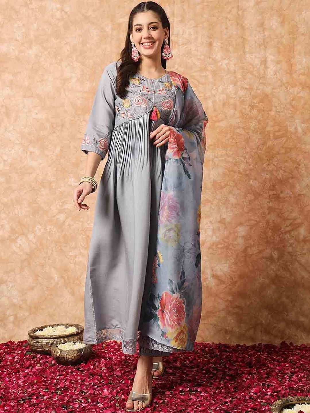 

Yara Creation Floral Embroidered Chanderi Silk Anarkali Kurta with Trousers & Dupatta, Grey