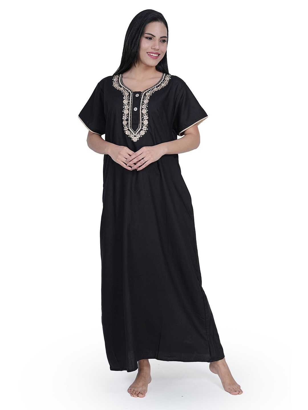

Noty Women V-Neck Short Sleeves Maxi Nightdress, Black
