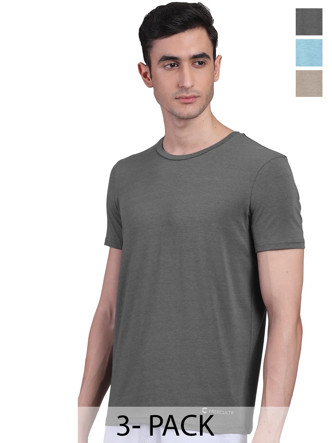 

FREECULTR Men Pack Of 3 Solid Round Neck T-shirts, Grey