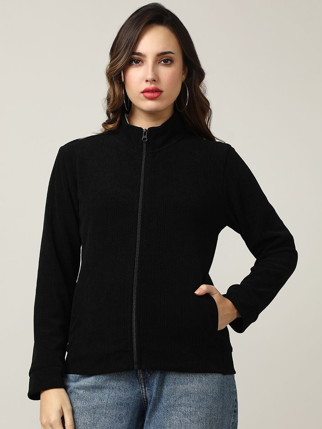 

Fort Collins Women Mock Collar Solid Corduroy Casual Bomber Jacket, Black