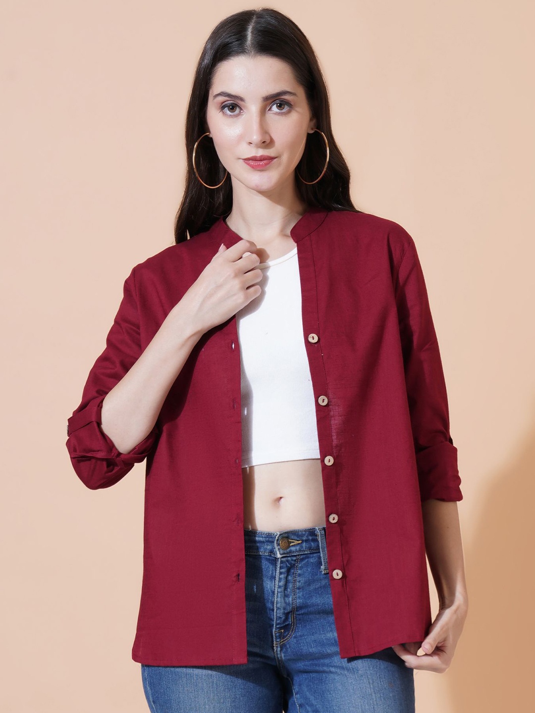 

Mast & Harbour Women Relaxed Mandarin Collar Solid Cotton Oversized Casual Shirt, Maroon