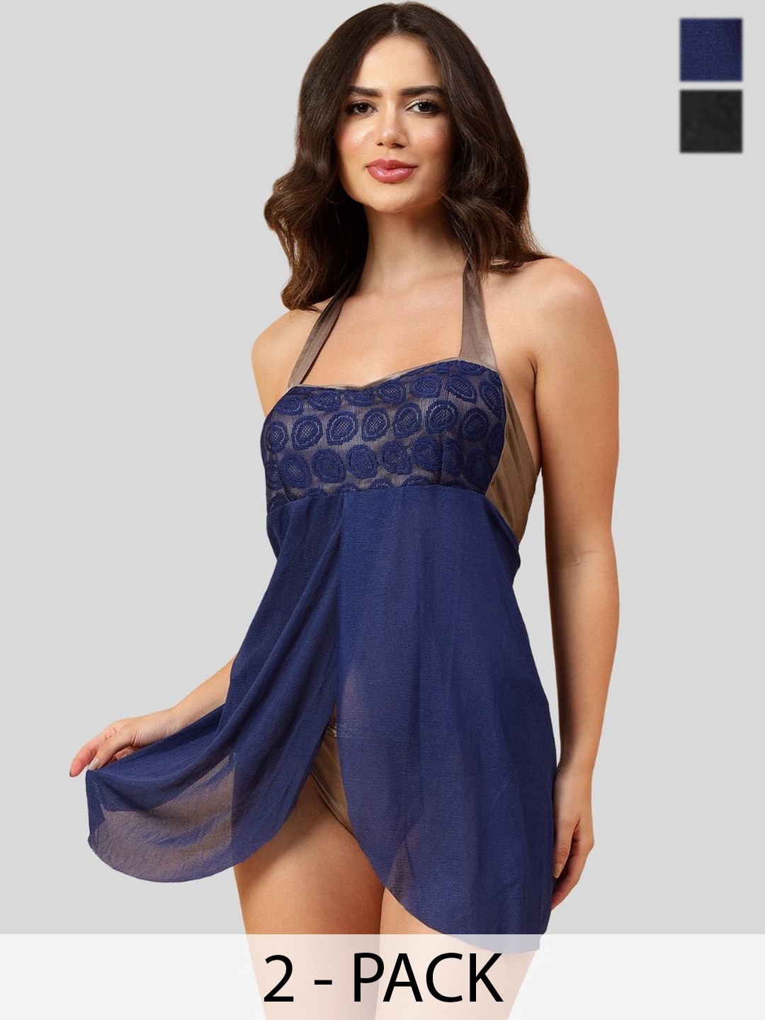

Velvi FIGURE Women Pack Of 2 Halter Neck Baby Doll, Black