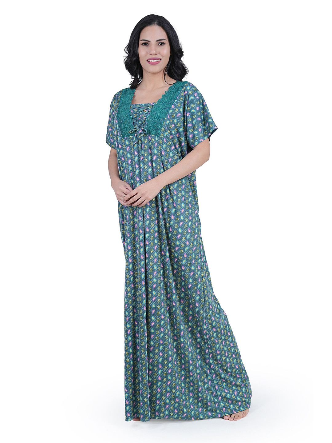 

Noty Women Lace Work on Neck Printed Maxi Nightdress, Green